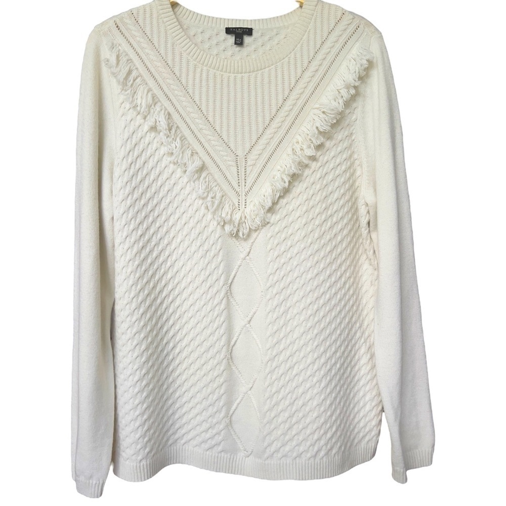 Talbots Women’s XL P Wool Blend Fringe Accent Waffle Cable Knit Pullover Sweater